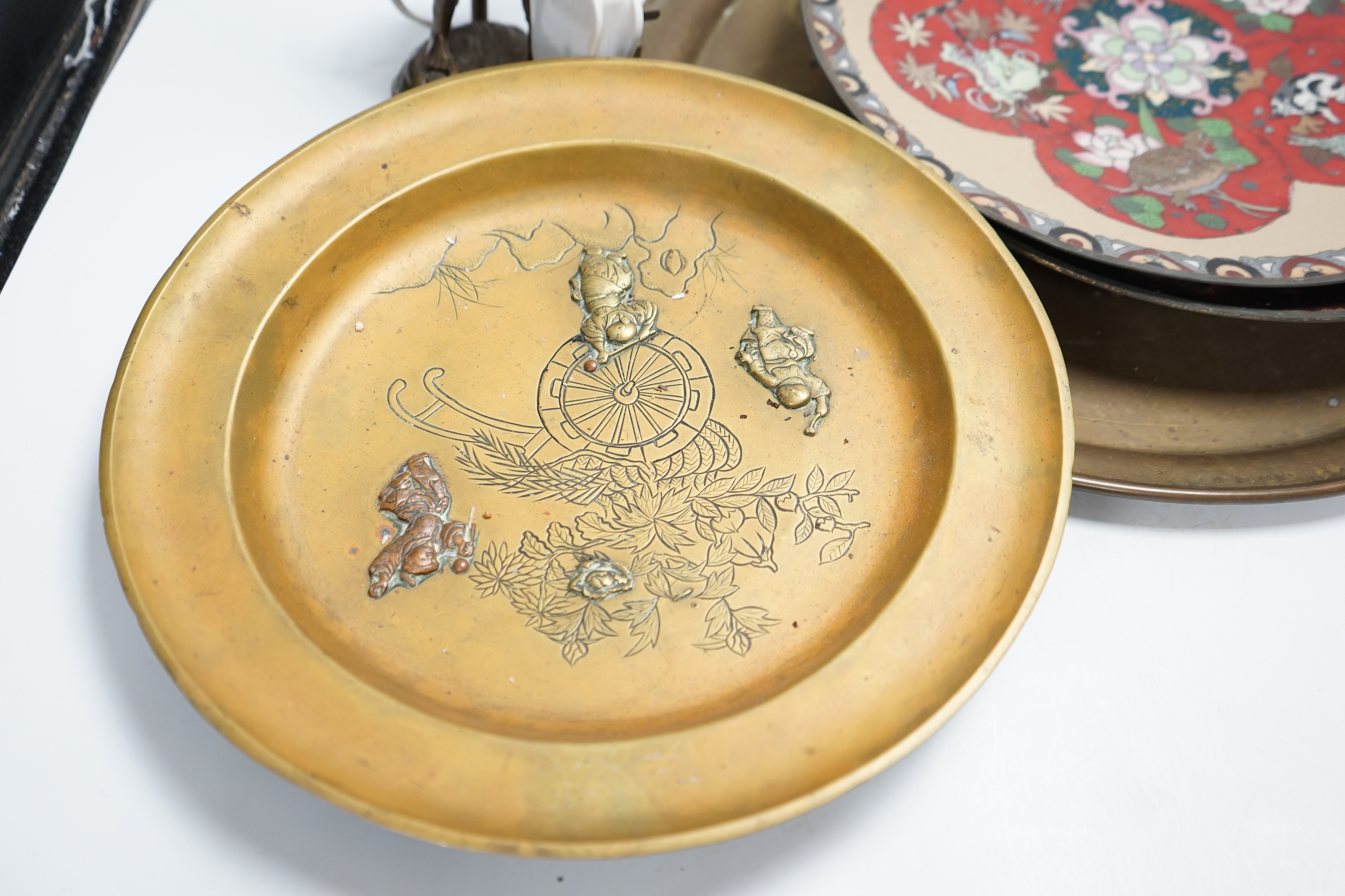 A Japanese cloisonné enamel dish, another similar dish, a Chinese mixed metal dish and a figural lamp etc